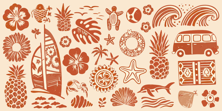 Retro travel themed illustrations with tropical flowers pineapples and ocean elements