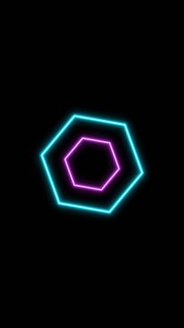 A glowing cyan neon hexagon encloses a small pink dot on black.
