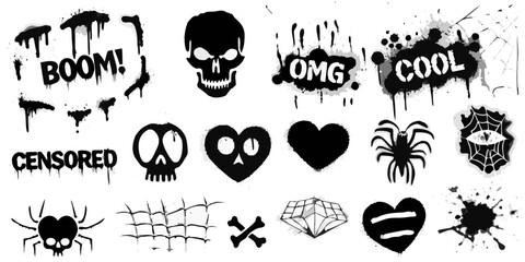 Graffiti stencils collection with skulls hearts and text on white © NaderAli