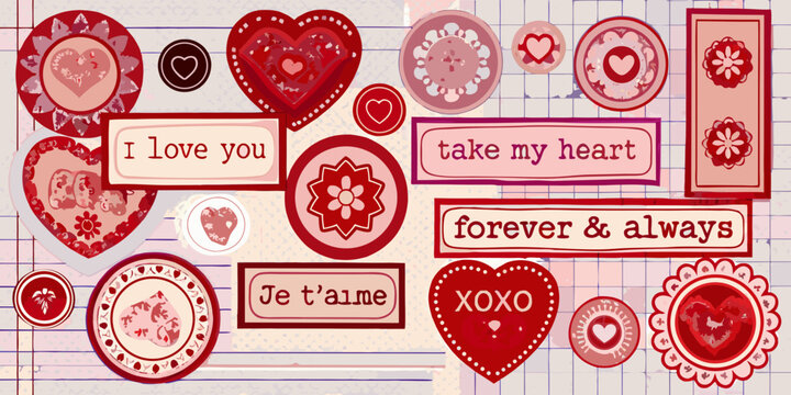 Romantic papercut stickers collection with hearts and floral motifs