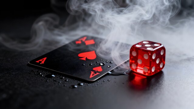 Smoke card and dice on dark surface