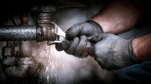 Plumber wearing gray gloves tightens a metal pipe joint with an adjustable wrench, water splashing from the connection, showcasing a close-up view of plumbing work in a dimly lit environment