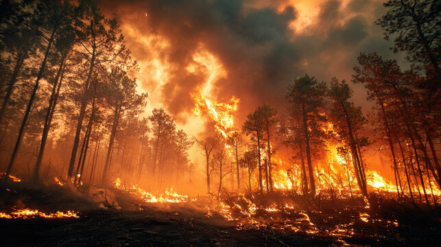 Wildfire raging through dense forest trees concept. Forest fire raging with flames and smoke engulfing the trees.