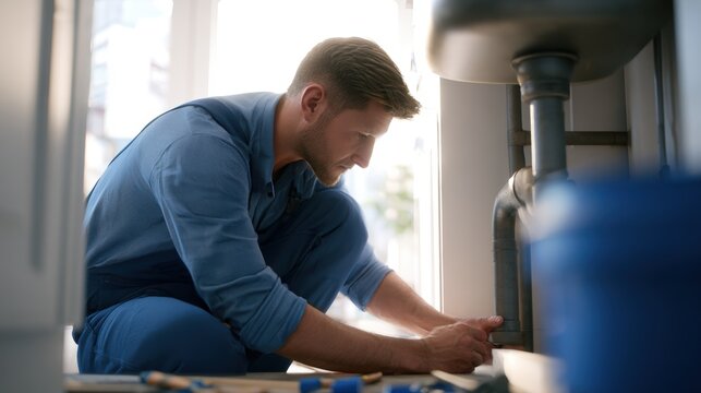 Male plumber in blue coveralls crouches near plumbing pipes, working on a repair task inside a well-lit residential kitchen with tools and plumbing materials visible on the floor