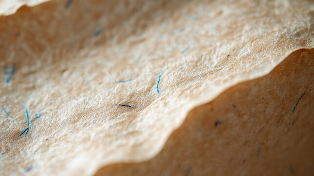 Extreme Macro Photograph of Sustainable Recycled Paperboard with Visible Blue Textile Fibers