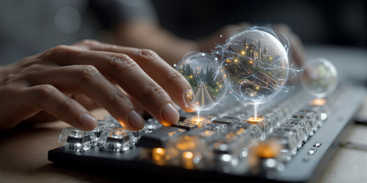 Tiny landscapes within floating orbs. Fingertips guide creative scenes in glowing bubbles