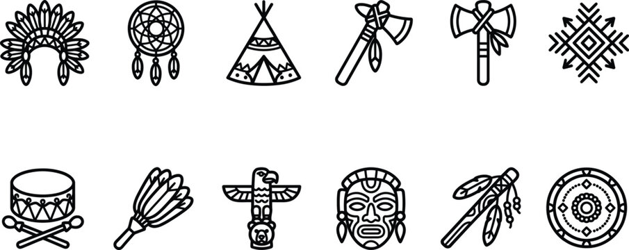 Native american tribal cultural elements set in black line art collection.
