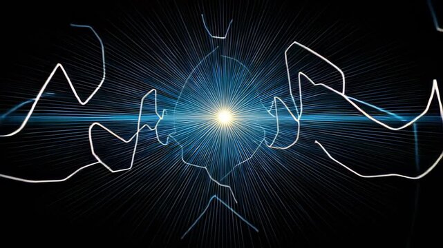 Bright light explodes in the dark space creating lines of energy and motion from a central point