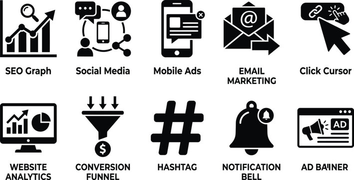 Digital marketing strategy icons for website analytics and social media.