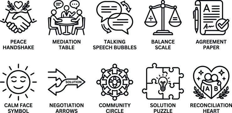 Collection of vector linear icons symbolizing peace, mediation, and solutions.
