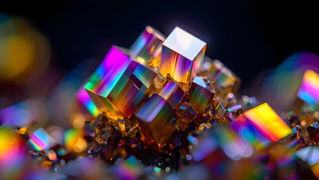 Perovskite Crystal Macro Showing Iridescent Cubic Structures with Rainbow Interference Colors on Dark Background
