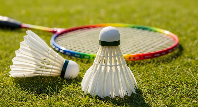 Two white shuttlecocks and a rainbow-colored badminton racket rest on green grass, symbolizing outdoor sports and recreation, perfect for active lifestyle themes