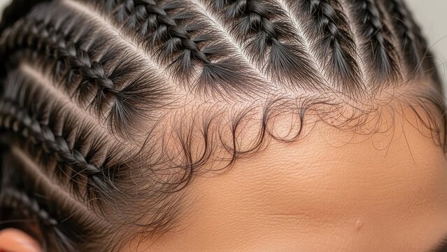 Close-up of intricately braided hair on a person's head, showing hairline details