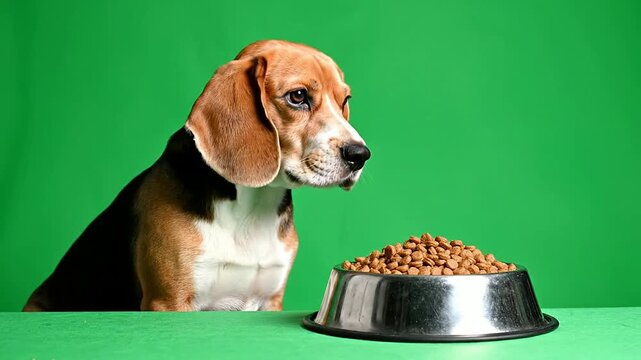 Beagle Dog Sitting Expectantly Next to Bowl of Dog Food Against Bright Green Background