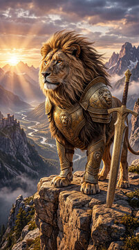 Majestic Lion Warrior in Golden Armor Standing on Cliff at Sunrise