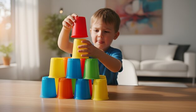 Little boy stacking colorful plastic cups on a wooden table in a sunny living room for a childhood learning and motor skills development concept