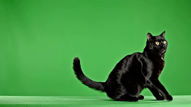 Black Cat Crouching Playfully Against a Bright Green Background Capturing a Moment of Curiosity and Motion