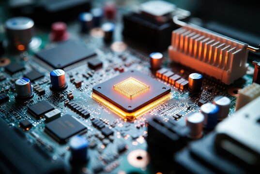 Illuminated CPU on a circuit board with glowing pins and heatsink, technology concept