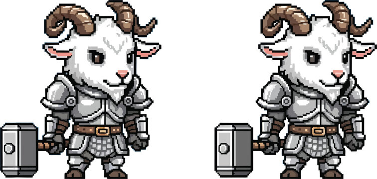 Two pixel art style armored goat characters holding hammers, depicted in a fantasy game aesthetic with detailed metallic armor and brown horns on a white background.