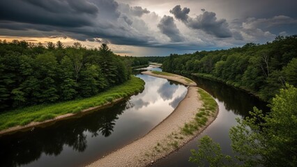 Fototapeta premium Dramatic river landscape with stormy clouds and lush green forest, reflection in water