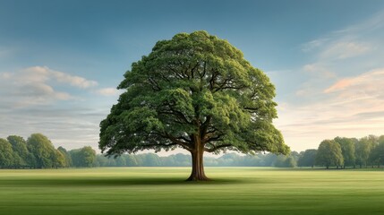 Fototapeta premium Majestic Green Tree Under Clear Blue Sky with Lush Grass Field and Surrounding Nature in a Serene Outdoor Environment
