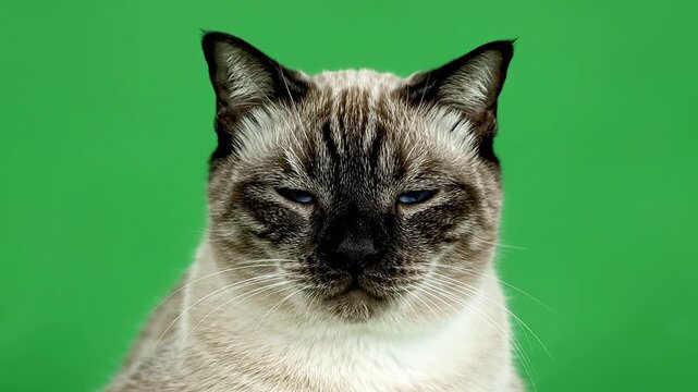 Close-Up Portrait of an Alert Siamese Cat with Striking Blue Eyes Against a Vibrant Green Background
