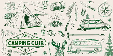 Camping themed sketch collection with tent vehicles and outdoor gear © BidhanChandra