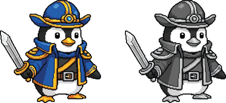 Two cartoon penguins dressed as warriors, one in vibrant blue and gold, the other in grayscale, both holding swords.