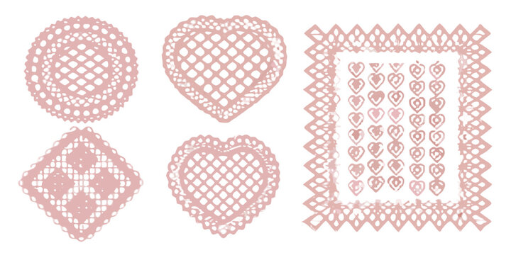 Set of six pink lace heart doilies vector illustration on black