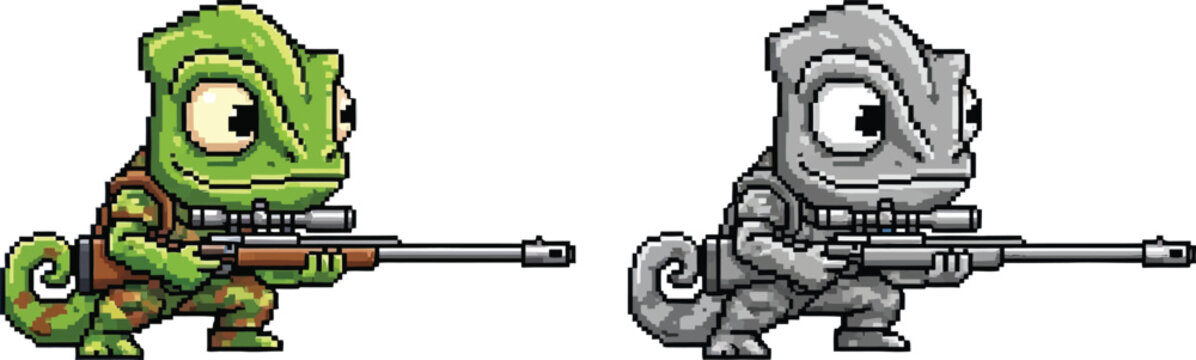 Pixel art cartoon chameleon character in green camouflage holding a sniper rifle, alongside a grayscale version, ready for action.