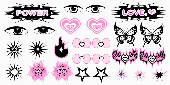 Y2K tattoo flash set with eyes hearts butterflies and stars