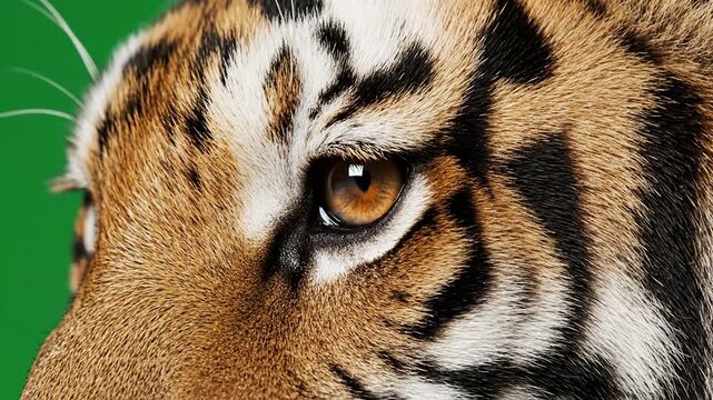 Closeup of a Tiger's Eye and Face Showcasing Striking Patterns and Intense Expression Against a Green Background