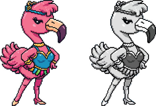 Two pixel art flamingos, one pink and one grayscale, dressed in flapper-style outfits with headbands, necklaces, bustiers, and high heels, posing confidently.