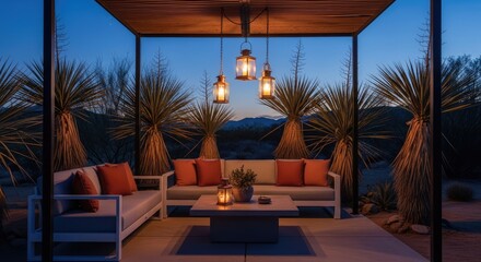 Fototapeta premium Luxurious outdoor lounge under a modern pergola with warm lantern glow in twilight desert landscape