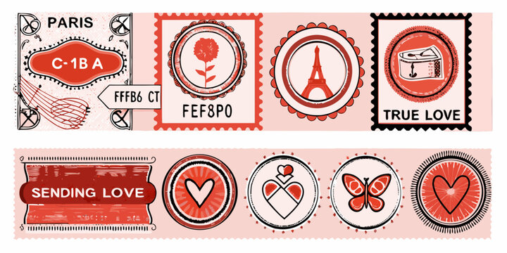 Vintage love themed postage stamps vector illustration red and black