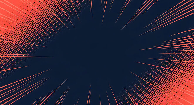 Dynamic red speed rays emanating from center in halftone style with abstract halftone background explosion direction