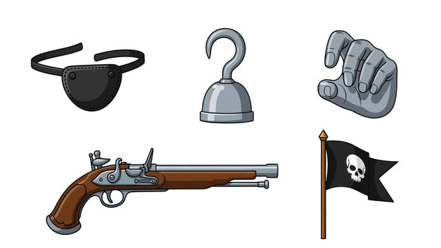 Collection of pirate-themed accessories and symbols including an eye patch, hook hand, flintlock pistol, and Jolly Roger flag.