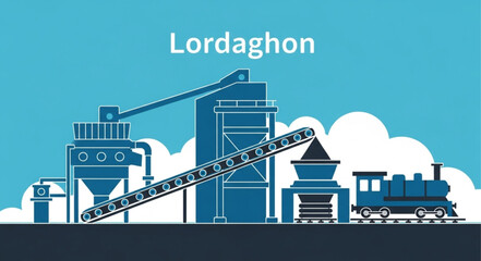 Industrial factory with conveyor belt and train illustration. © Nada