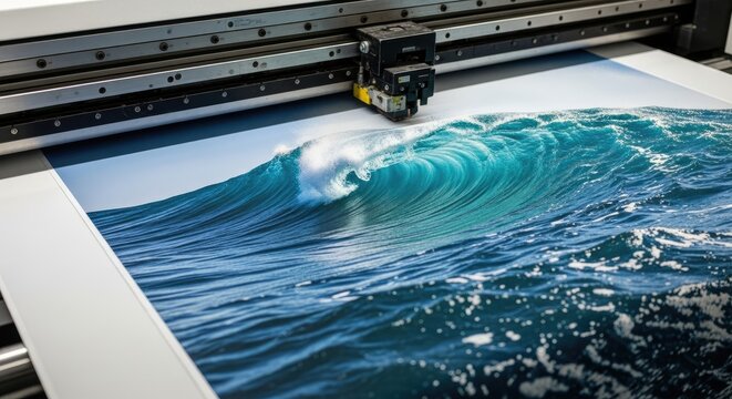 Large Format Printer Producing High Quality Image of Powerful Blue Ocean Wave Vivid Sea Print