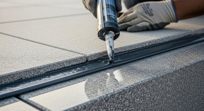 Worker applying professional grey sealant with caulking gun to outdoor tile gaps for waterproofing