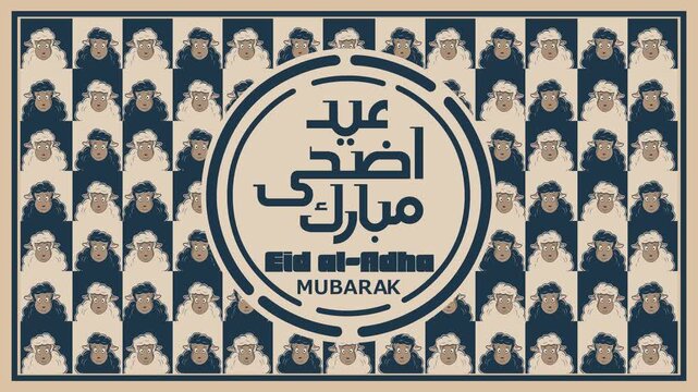 Playful Eid al-Adha celebration. 4K animation with looping sheep pattern and central badge text, ideal for social media posts, kids content, promos, greeting cards, and festive digital ads.
