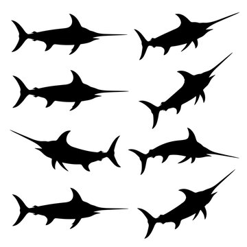 black and white vector silhouette set of swordfish