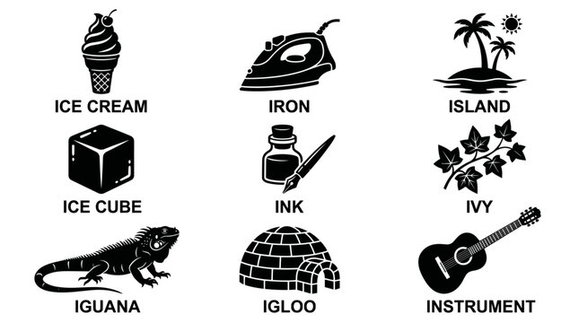 black and white vector silhouette set of things that start with the letter i