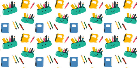 Fototapeta premium school stationery seamless pattern with pens pencils ruler flat design
