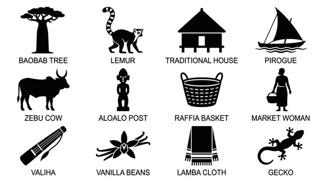 black and white vector silhouette set of traditional madagascar things