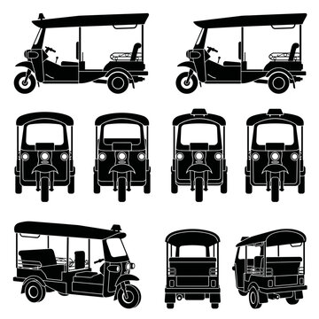 black and white vector silhouette set of indian auto rickshaw