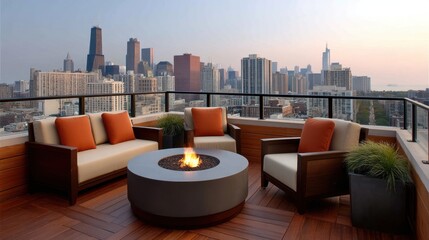 Obraz premium Cozy Rooftop Seating Area with Fire Pit Overlooking Urban Skyline at Dusk in a Modern City Setting Ideal for Relaxation and Gatherings