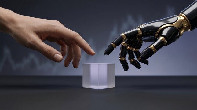 Human and robot hands reaching for translucent cube, symbolizing future technology