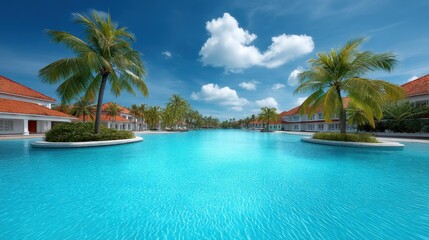 Fototapeta premium Tranquil Resort Oasis with Calm Turquoise Water, Lush Palm Trees, and Blue Sky Perfect for Relaxation and Vacation Imagery on a Sunny Day