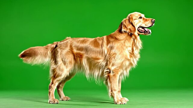 Golden Retriever Dog Standing Proudly Against a Bright Green Background in a Studio Setting
